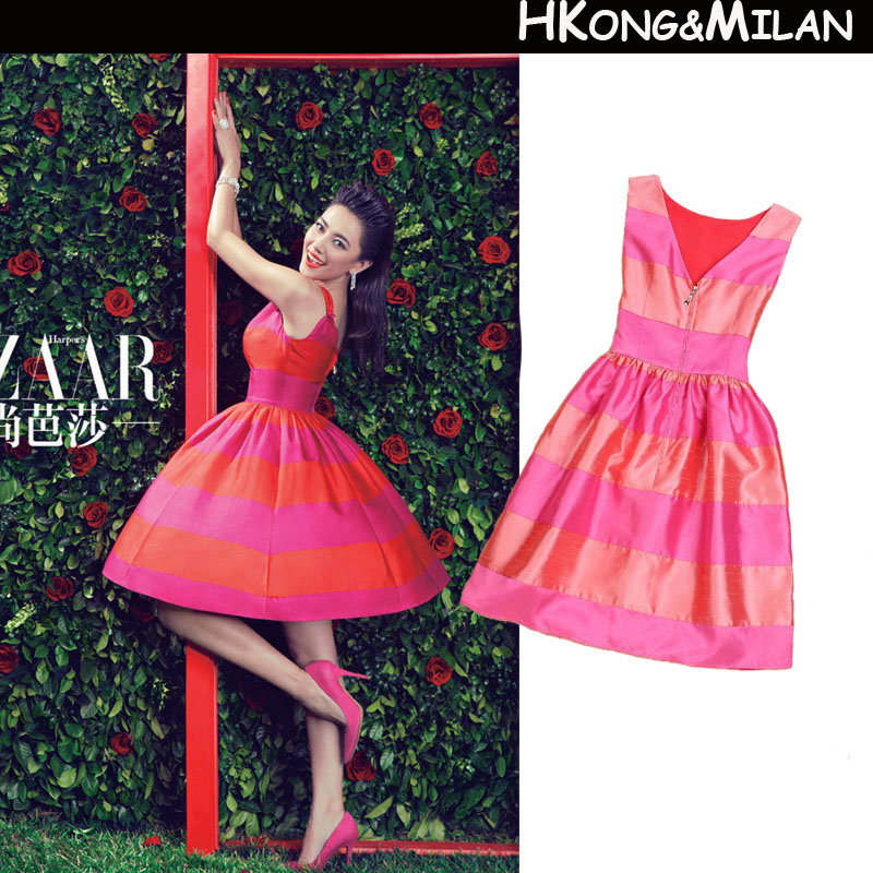 香港it代购 新款明星高圆圆同款真丝条纹连衣裙