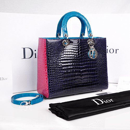 香港代购 迪奥2013新款 戴妃包 三拼色鳄鱼皮大