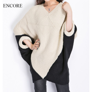 2014欧美朋克宽松蝙蝠袖蝙蝠衫V领拼接长款针