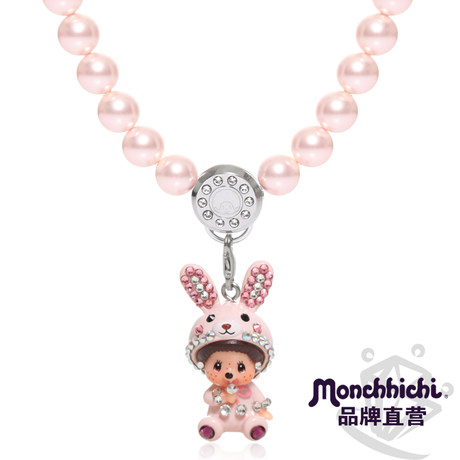 正品蒙奇奇项锁骨链饰品粉色施华洛水晶珍珠短