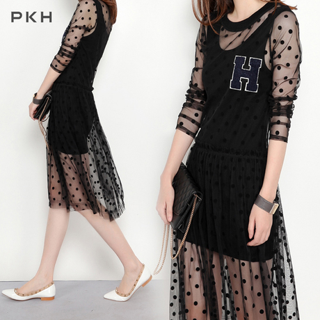 PKH 夏季新款 潮流黑色透视运动风圆点长袖连